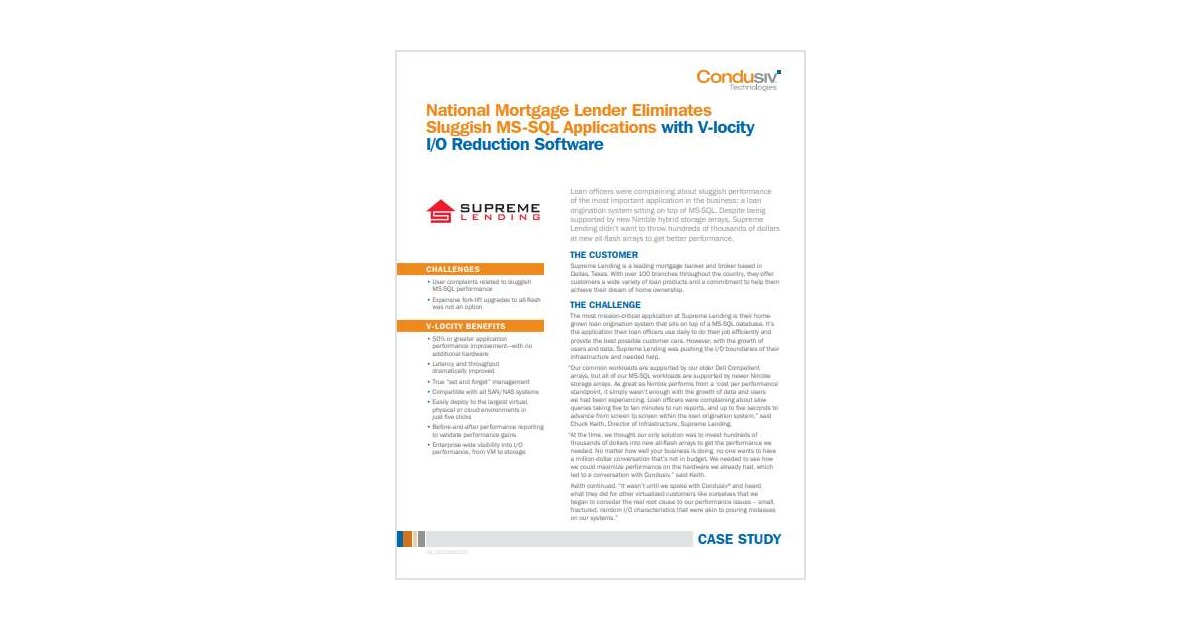 National Mortgage Lender Eliminates Sluggish MS-SQL Applications with V-locity I/O Reduction Software