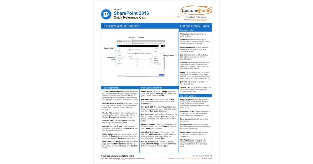 Microsoft Office SharePoint 2016 - Quick Reference Card