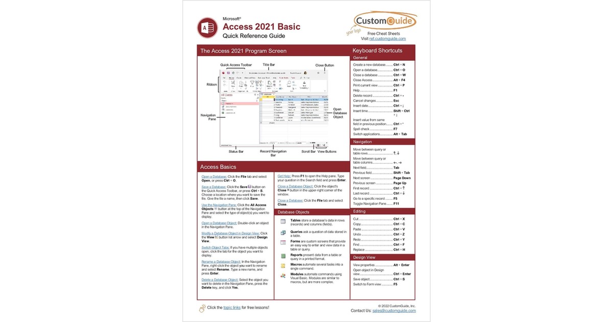 Microsoft Access 2021 Basic - Free Quick Reference Card