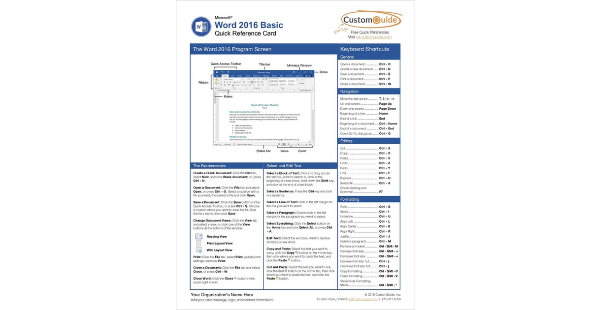 Microsoft Word 2016 Basic - Quick Reference Card